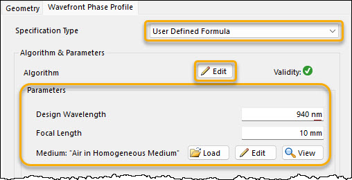 Dialog for 'User Defined Formula' with exemplary parameters