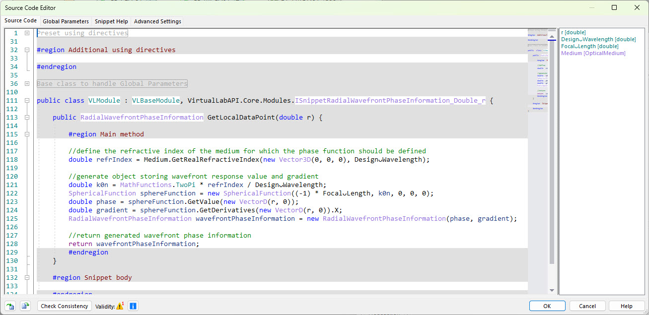 Code defining a spherical wavefront phase profile