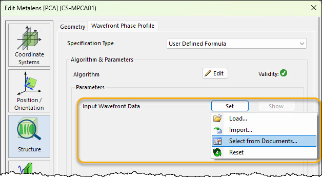Set 1D wavefront phase information as input for user defined metalens snippet
