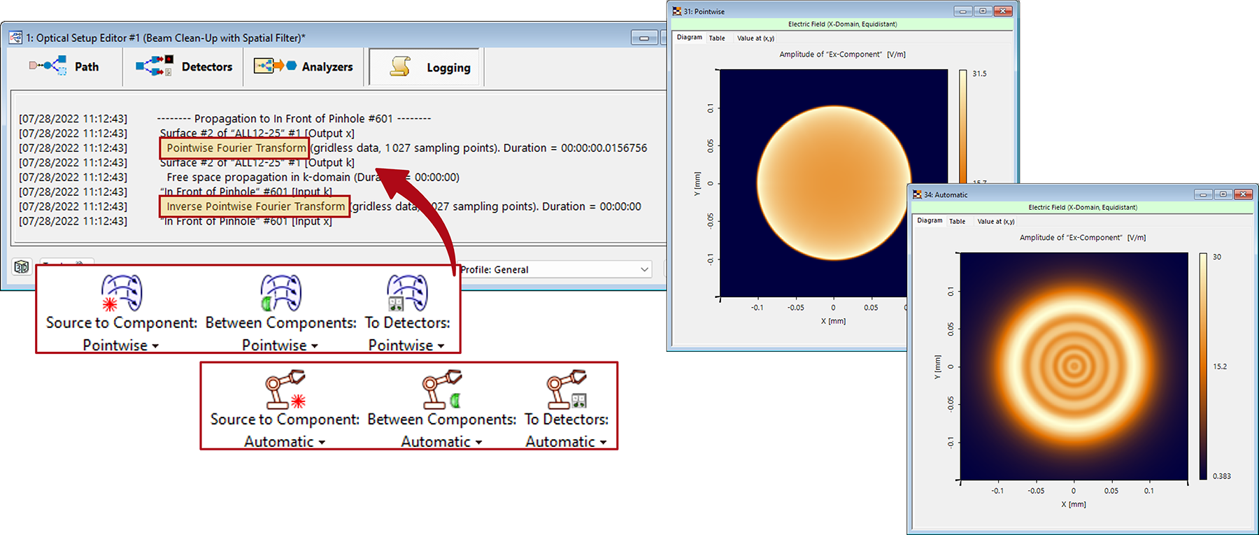 Optical Setup Editor including free space propagation settings